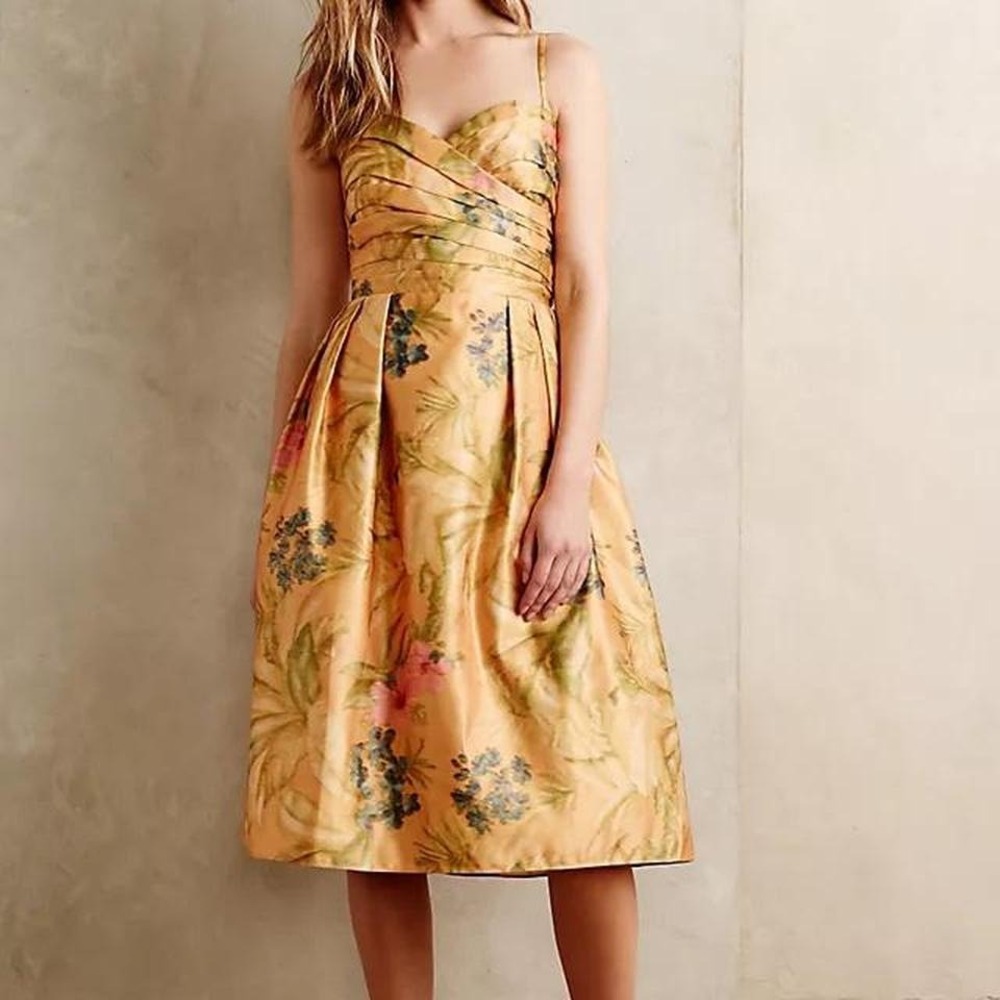 Anthropologie James Coviello Botanical Dress Women's Size‎ 6 Yellow Floral Midi
